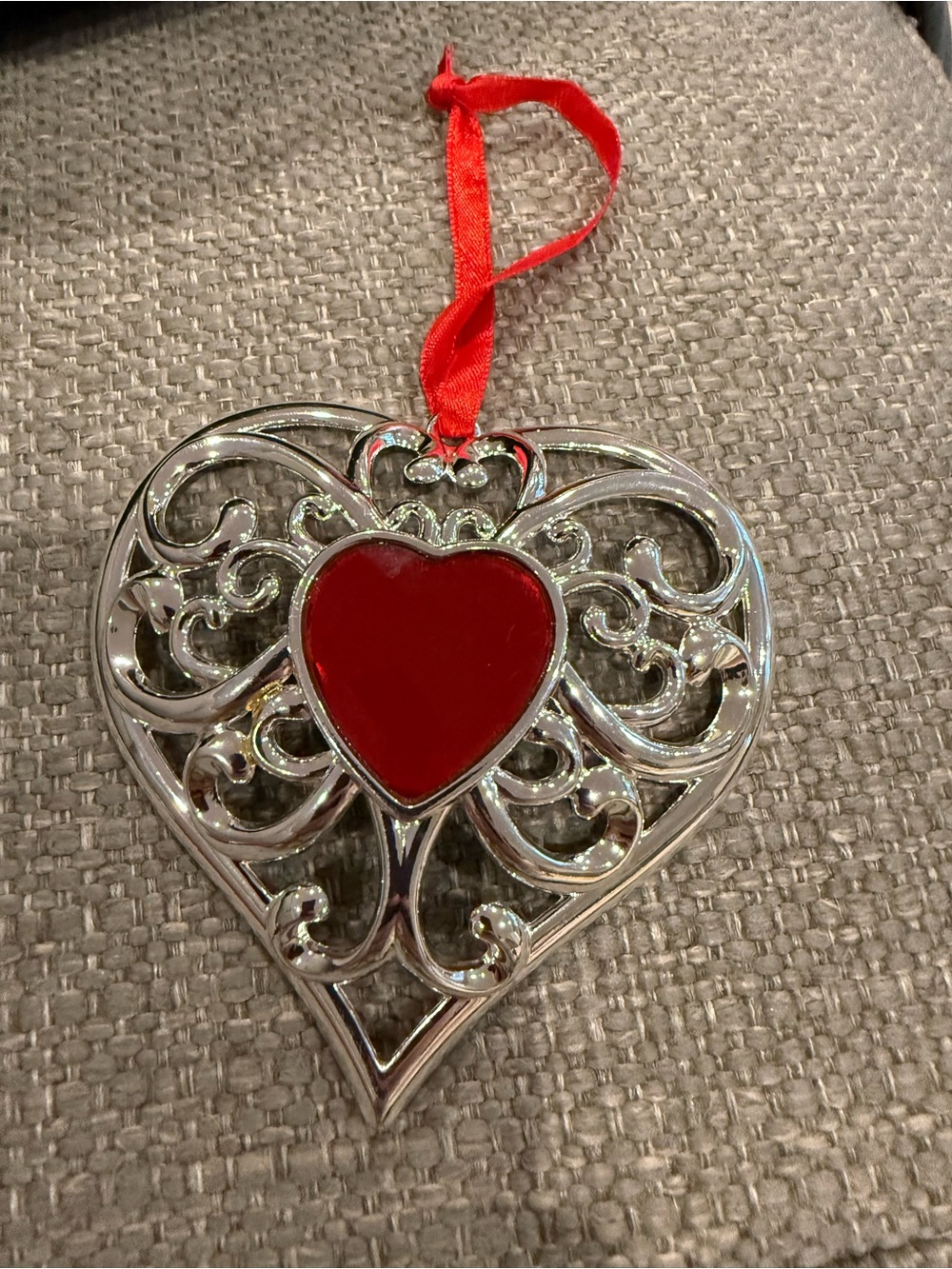 Lenox Silver Filigree Heart Ornament with Red Center and Ribbon